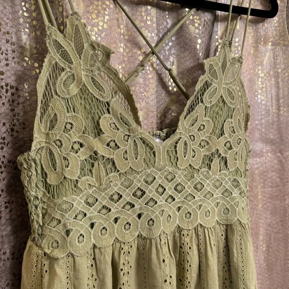Mahina Hawaii Olive Green Crochet Top Boho Eyelet Maxi Dress Medium - Picture 3 of 9